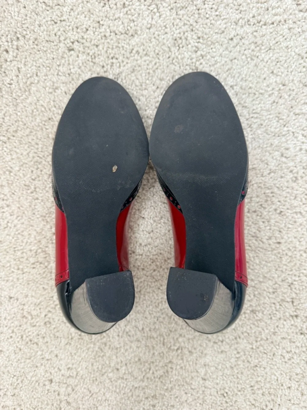 Ann Taylor Women's Two-Tone Black and Red Leather Block Heel Pumps - Picture 3 of 8